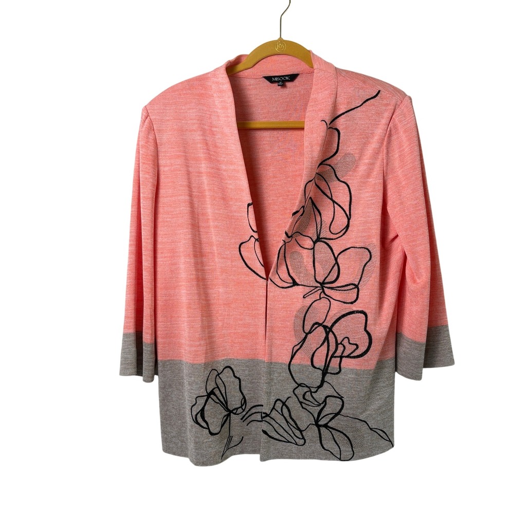 Misook Cardigan Womens Medium Coral Pink Gray Floral Colorblock Knit Jacket